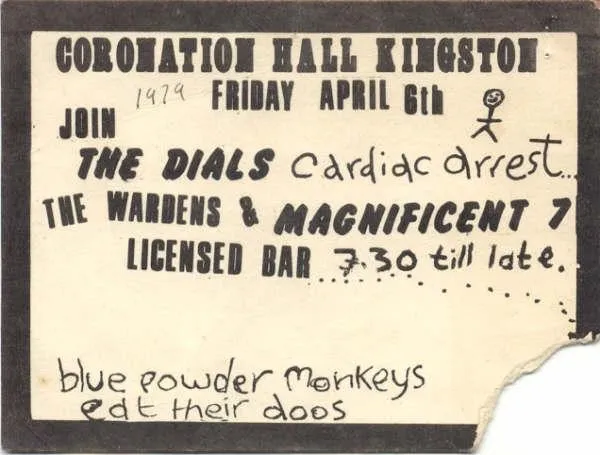 Original concert poster for Cardiac Arrest at Coronation Hall on Friday, 6 April 1979