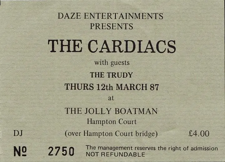 Entrada original de Cardiacs en Jolly Boatman, Hampton Court, 12 de marzo de 1987