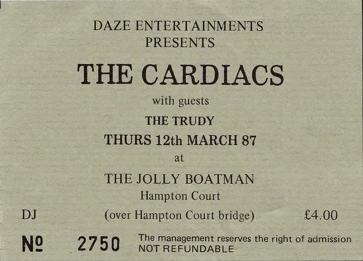 Original concert ticket for Cardiacs at Jolly Boatman on Thursday, 12 March 1987