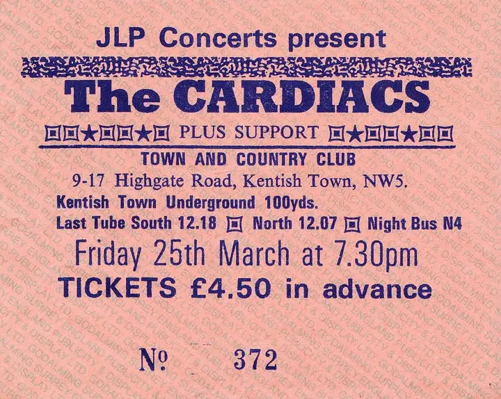Entrada original de Cardiacs en Town and Country Club, London, 25 de marzo de 1988