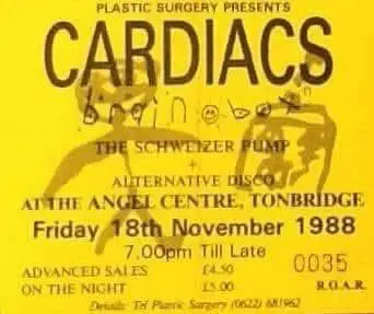 Original ticket for Cardiacs at Angel Centre in Tonbridge on 18 November 1988