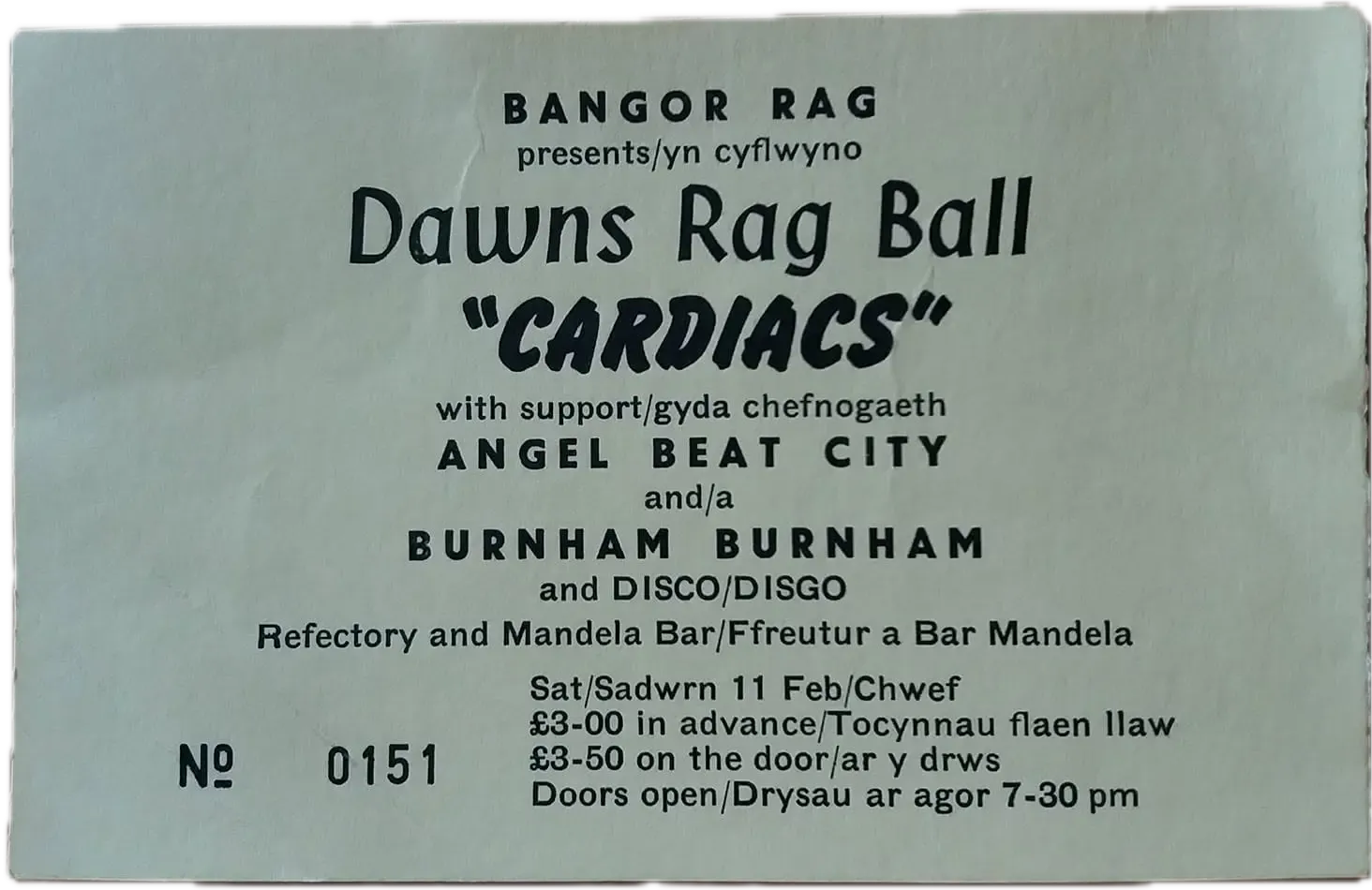 Original concert ticket for Cardiacs at Bangor University on Saturday, 11 February 1989