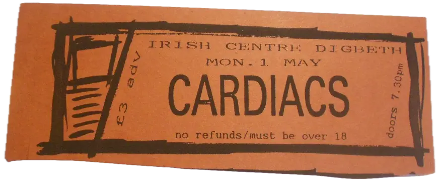 Entrada original de Cardiacs en Irish Centre, Birmingham, 1 de mayo de 1989