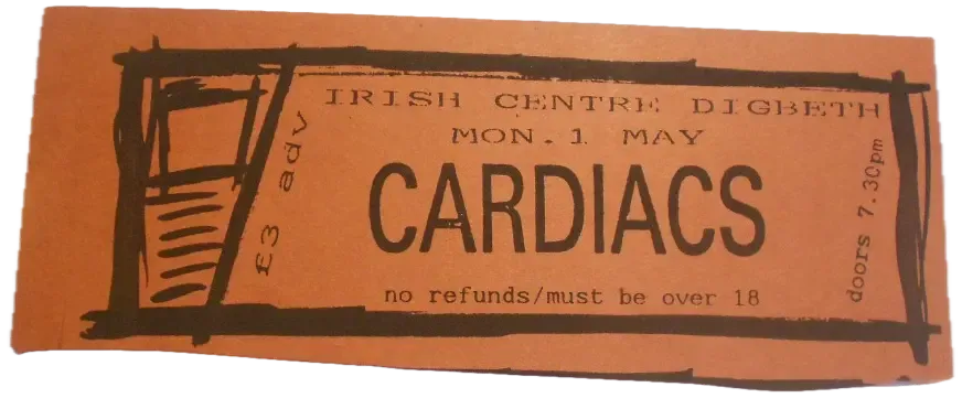 Original concert ticket for Cardiacs at Irish Centre on Monday, 1 May 1989