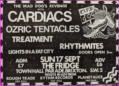 Cartel original de Cardiacs en The Fridge, domingo, 17 de septiembre de 1989