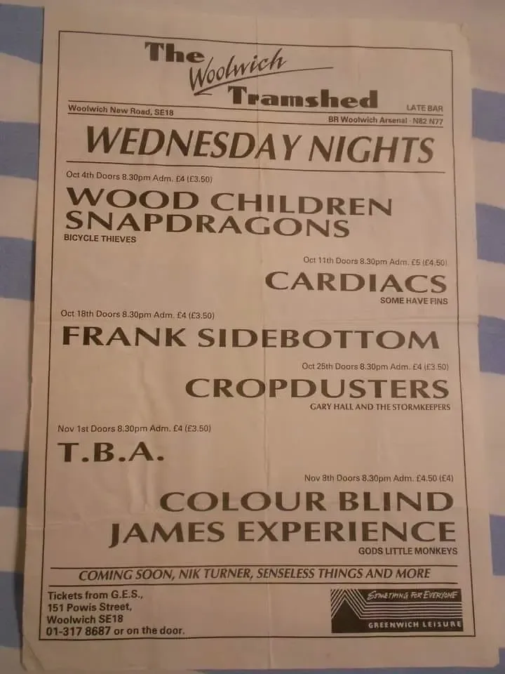 Original concert poster for Cardiacs at Woolwich Tramshed on Wednesday, 11 October 1989