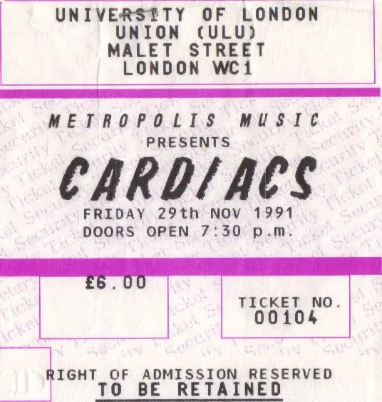 Entrada original de Cardiacs en ULU, London, 29 de noviembre de 1991