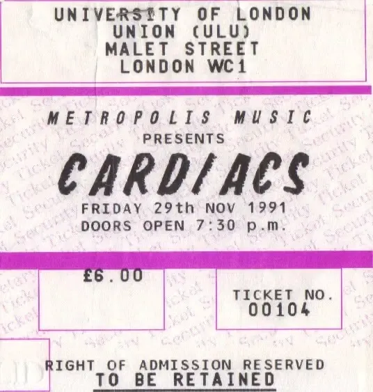 Original concert ticket for Cardiacs at ULU on Friday, 29 November 1991