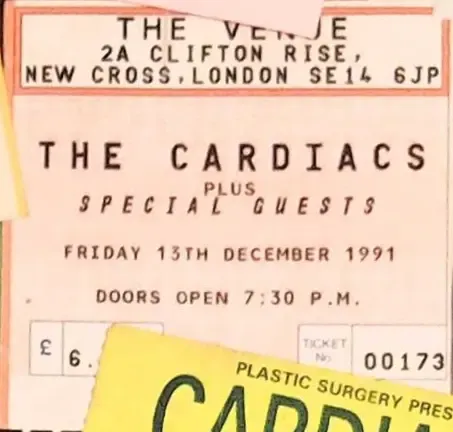 Entrada original de Cardiacs en The Venue, viernes, 13 de diciembre de 1991