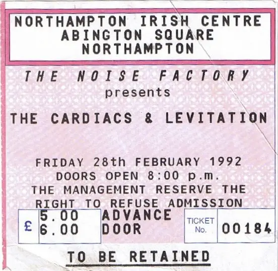 Entrada original de Cardiacs en Irish Centre, Northampton, 28 de febrero de 1992