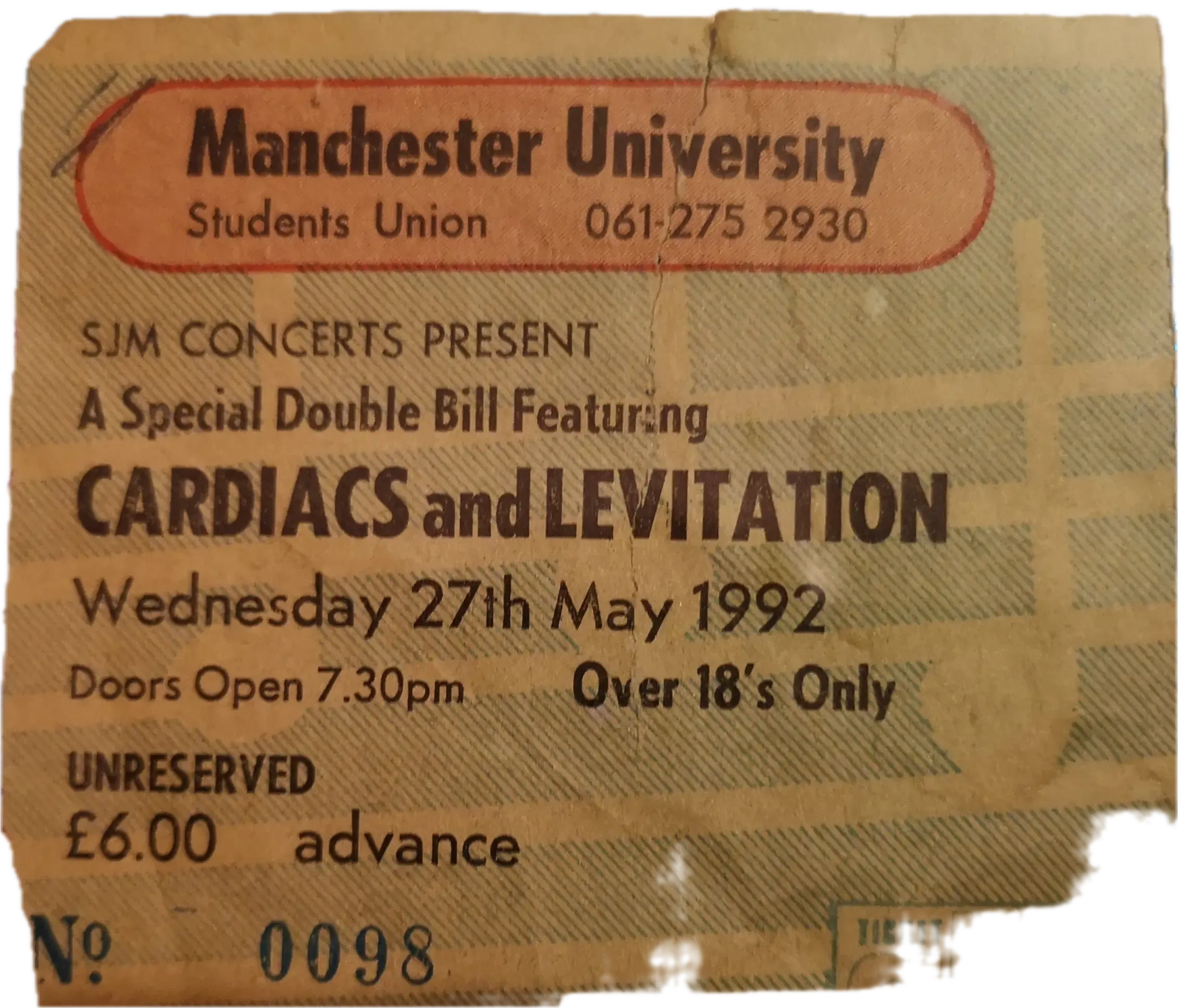 Original concert ticket for Cardiacs at Manchester University Students Union on Wednesday, 27 May 1992