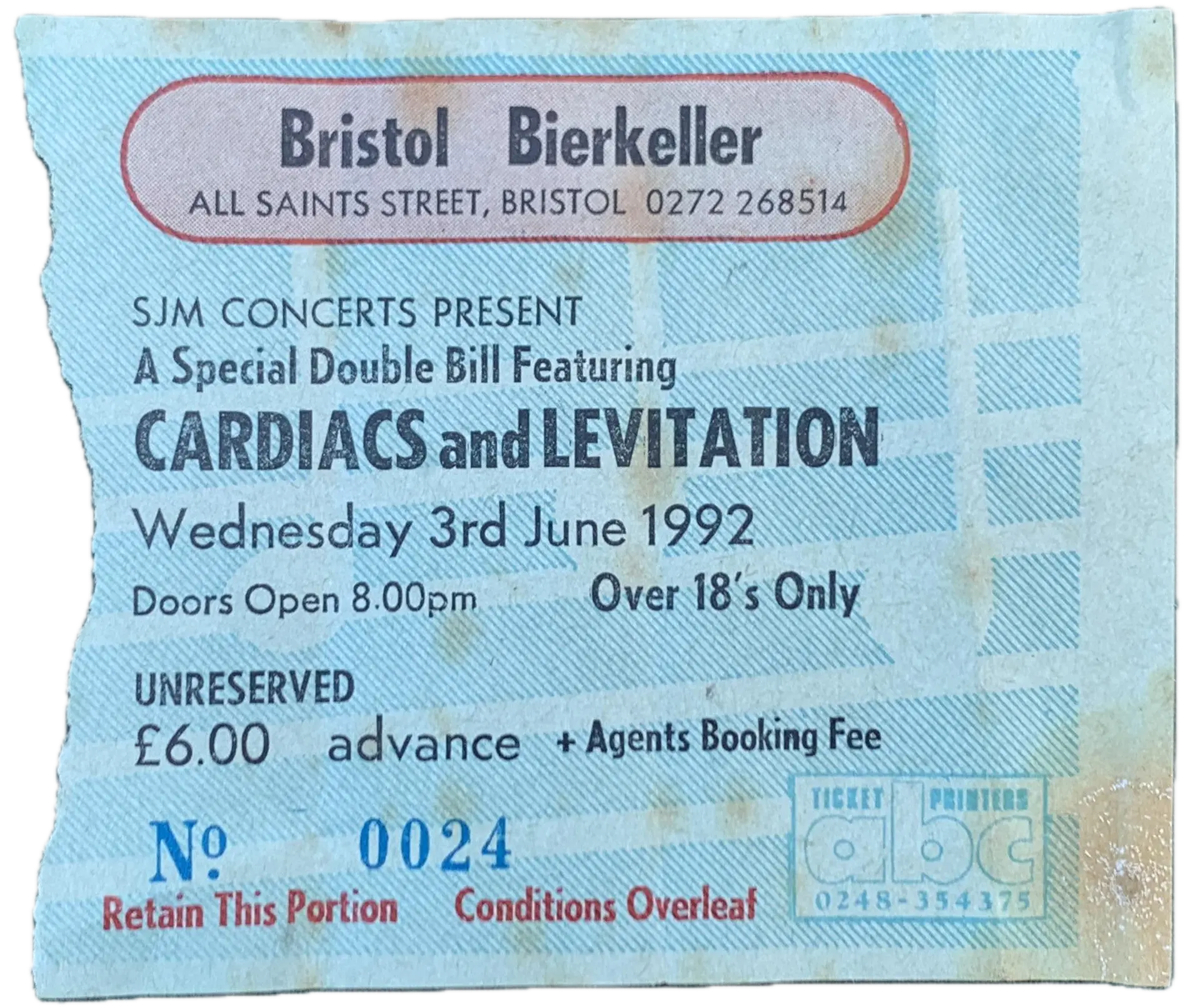 Entrada original de Cardiacs en Bierkeller, Bristol, 3 de junio de 1992