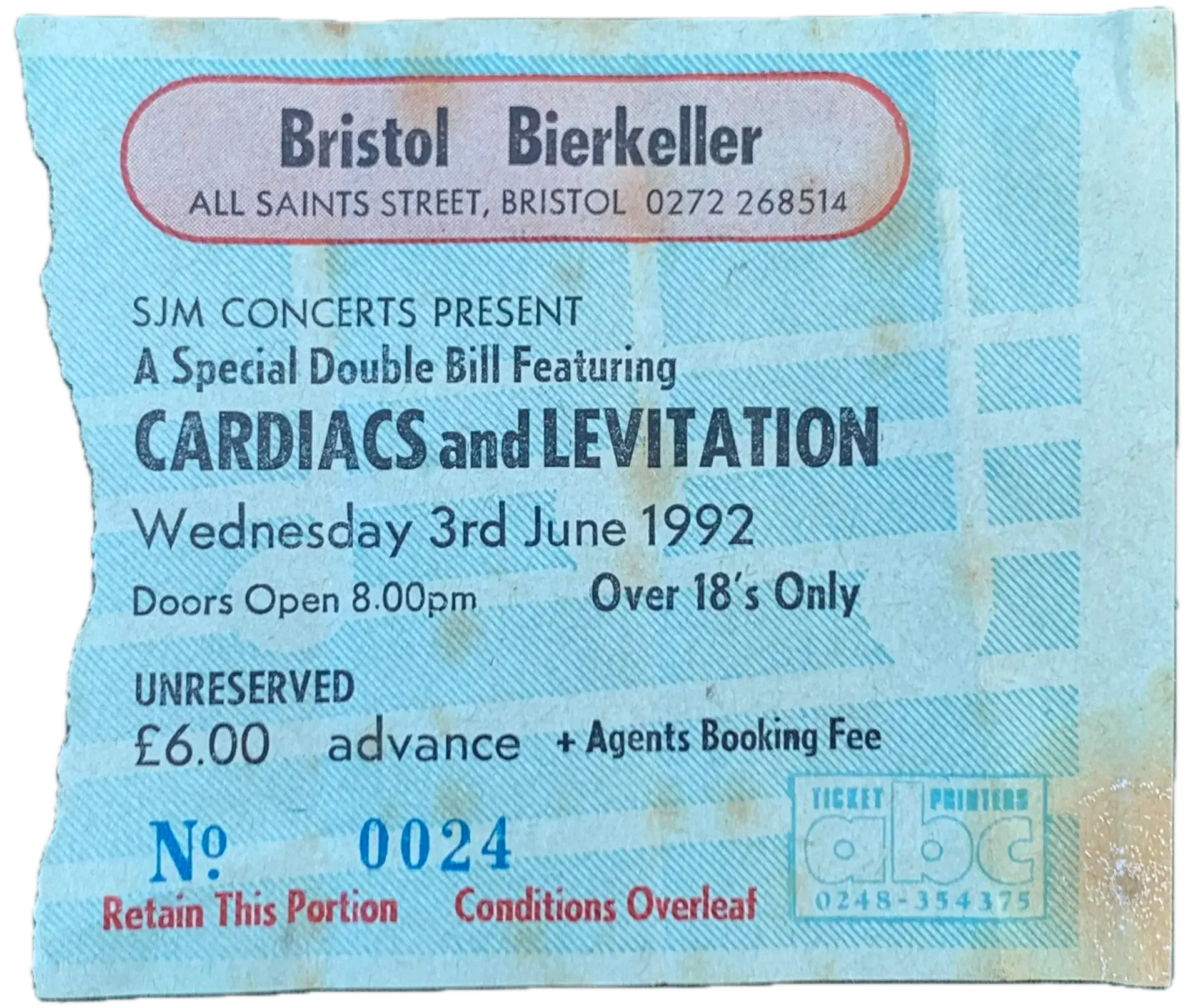 Entrada original de Cardiacs en Bierkeller, miércoles, 3 de junio de 1992
