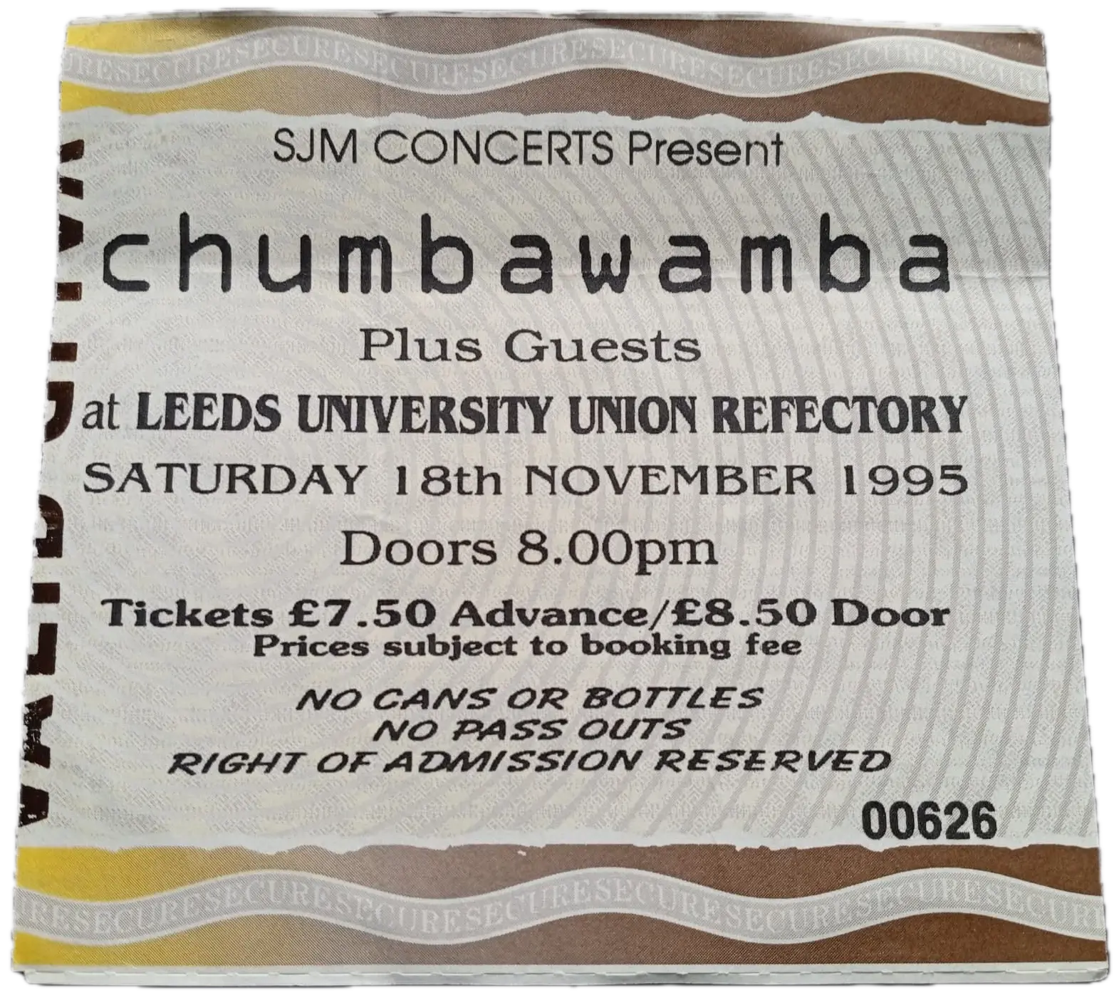 Entrada original de Cardiacs en University, Leeds, 18 de noviembre de 1995