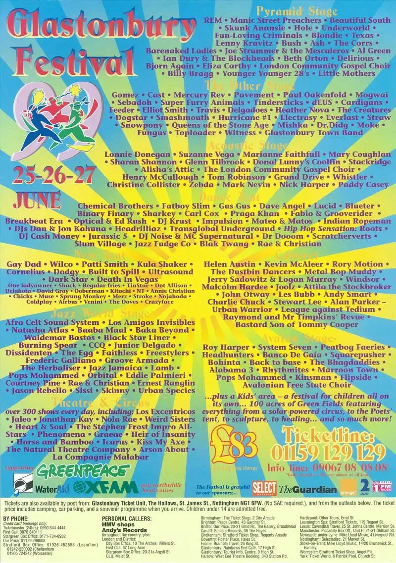 Original concert poster for Cardiacs at Glastonbury Festival 1999 on Sunday, 27 June 1999