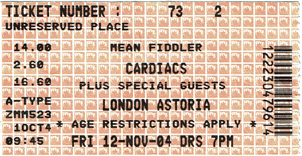 Entrada original de Cardiacs en Astoria, London, 12 de noviembre de 2004
